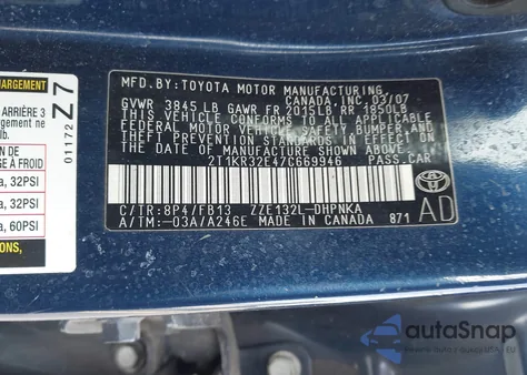2007 Toyota Matrix Xr z USA, uszkodzony, nr VIN 2T1KR32E47C669946